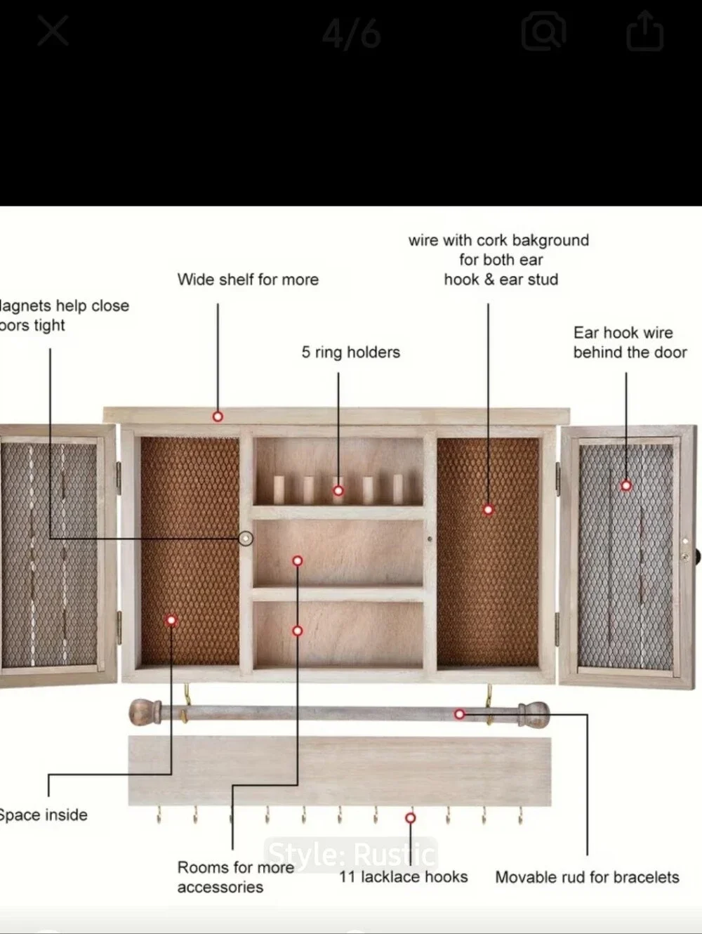 Wood Wall Jewelry Organizer Cabinet with Mesh Doors, Bar, Amand Hook- White Wash